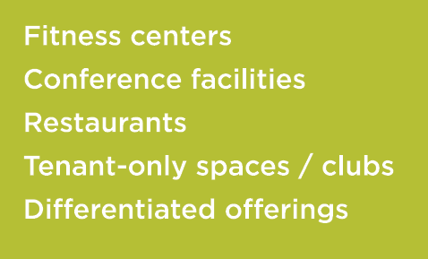 Fitness centers Conference facilities Restaurants Tenant-only spaces   clubs Differentiated offerings 