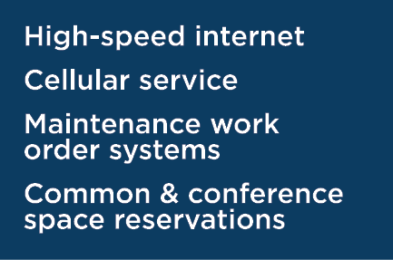 High-speed internet Cellular service Maintenance work order systems Common & conference space reservations