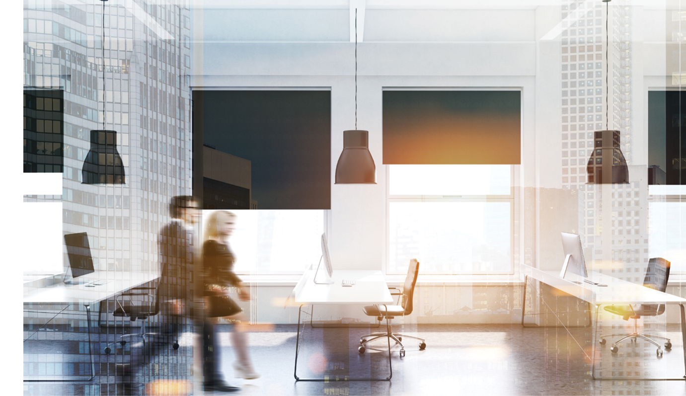 White modern office interior with a wooden floor, two rows of computer tables and business people walking  3d rendering mock up toned image double exposure blurred